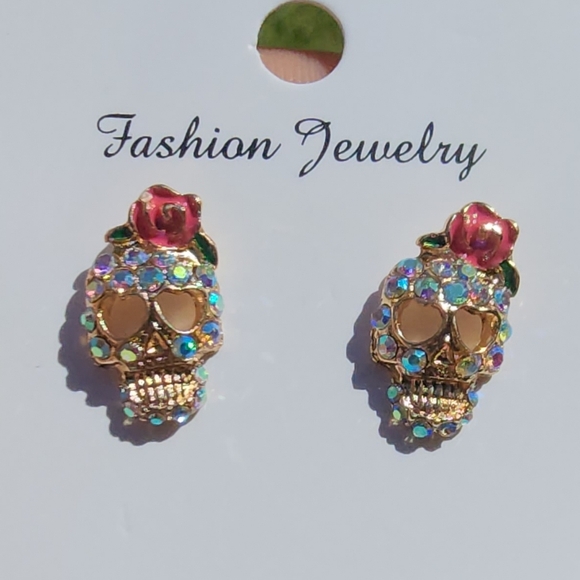 Gold and Pink Skull Earrings - Picture 7 of 7